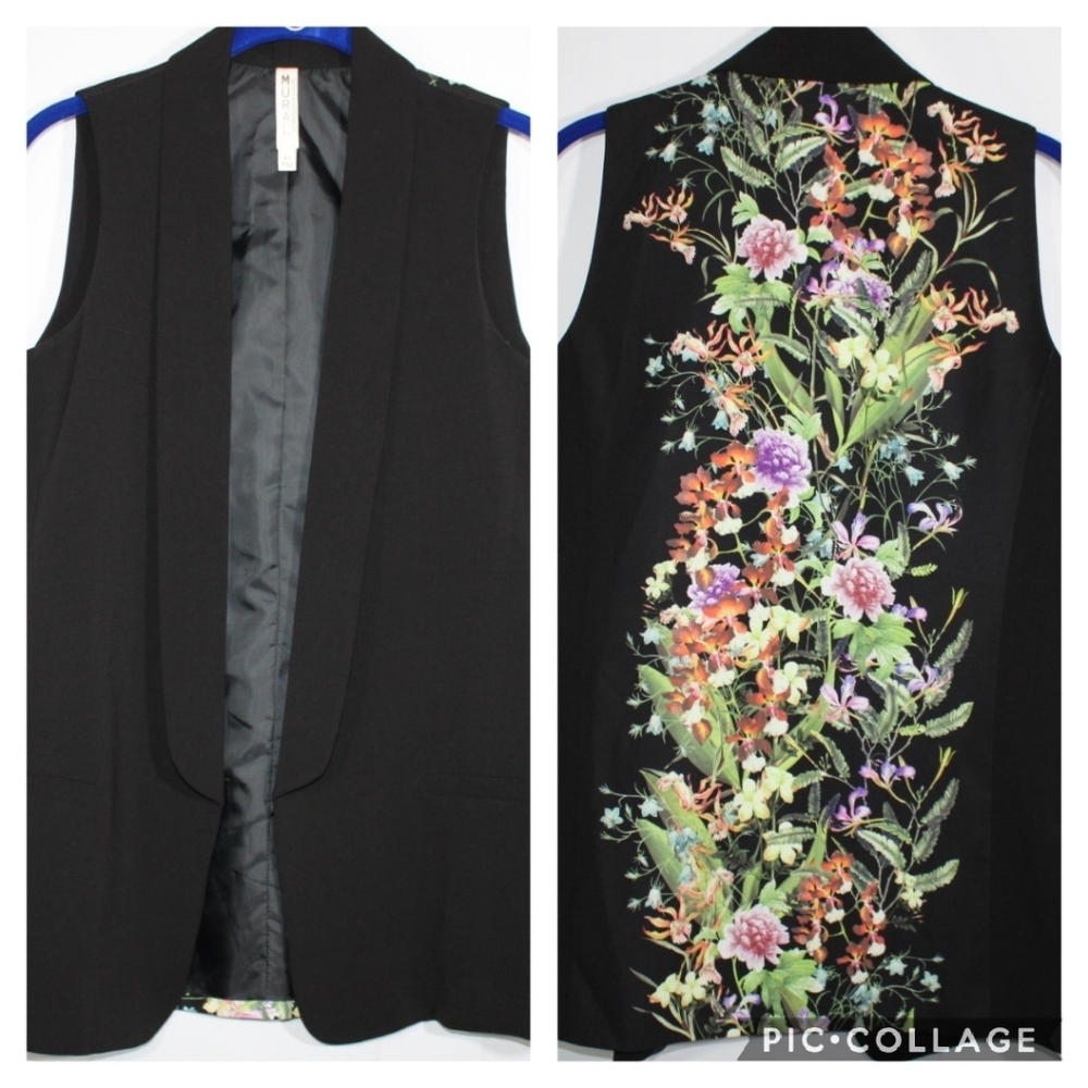 Mural Black Multicolor Floral Tuxedo Vest XS